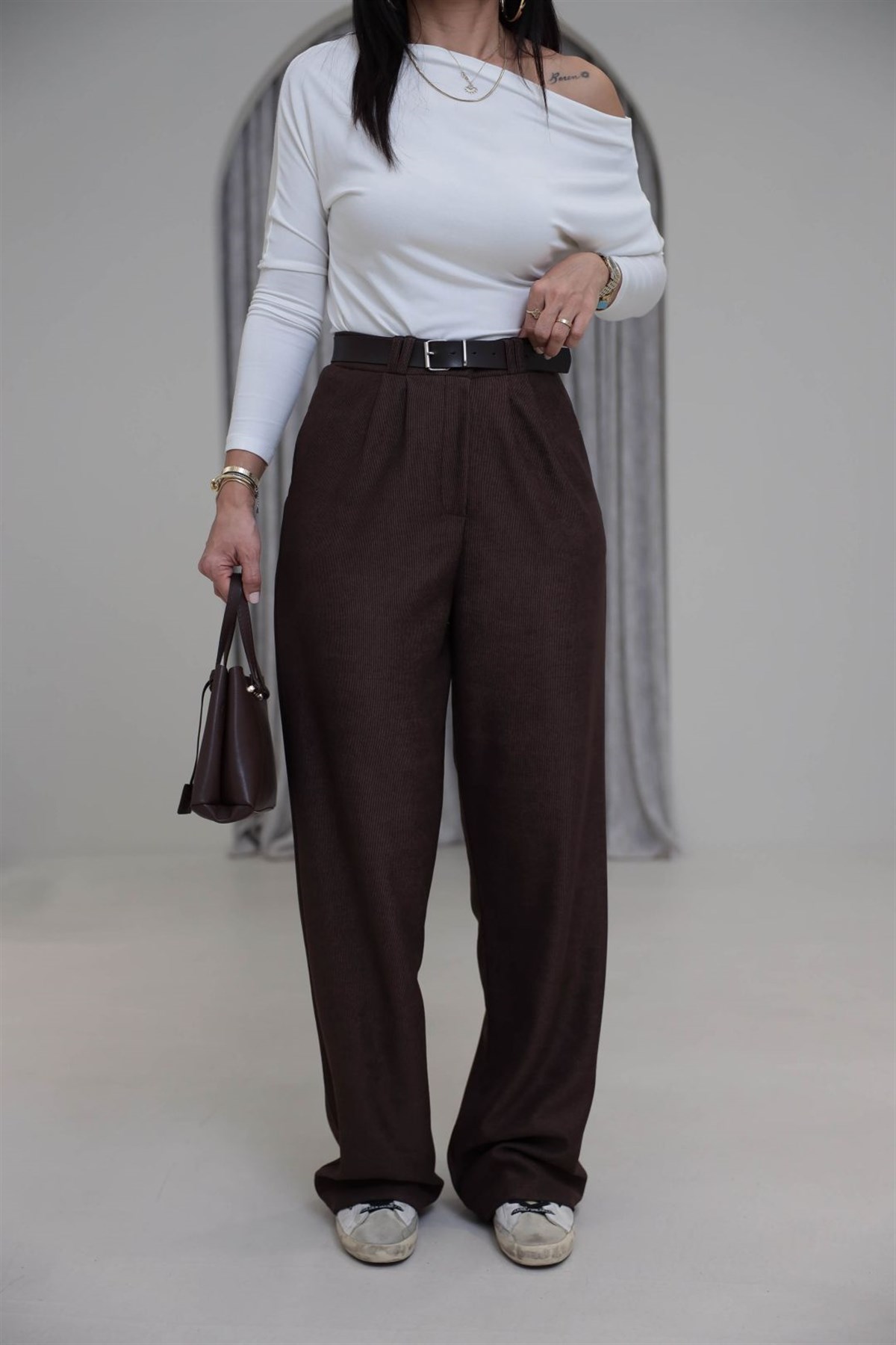 3290 Kemerli Fitilli Kumaş Palazzo Pantolon ACI KAHVE