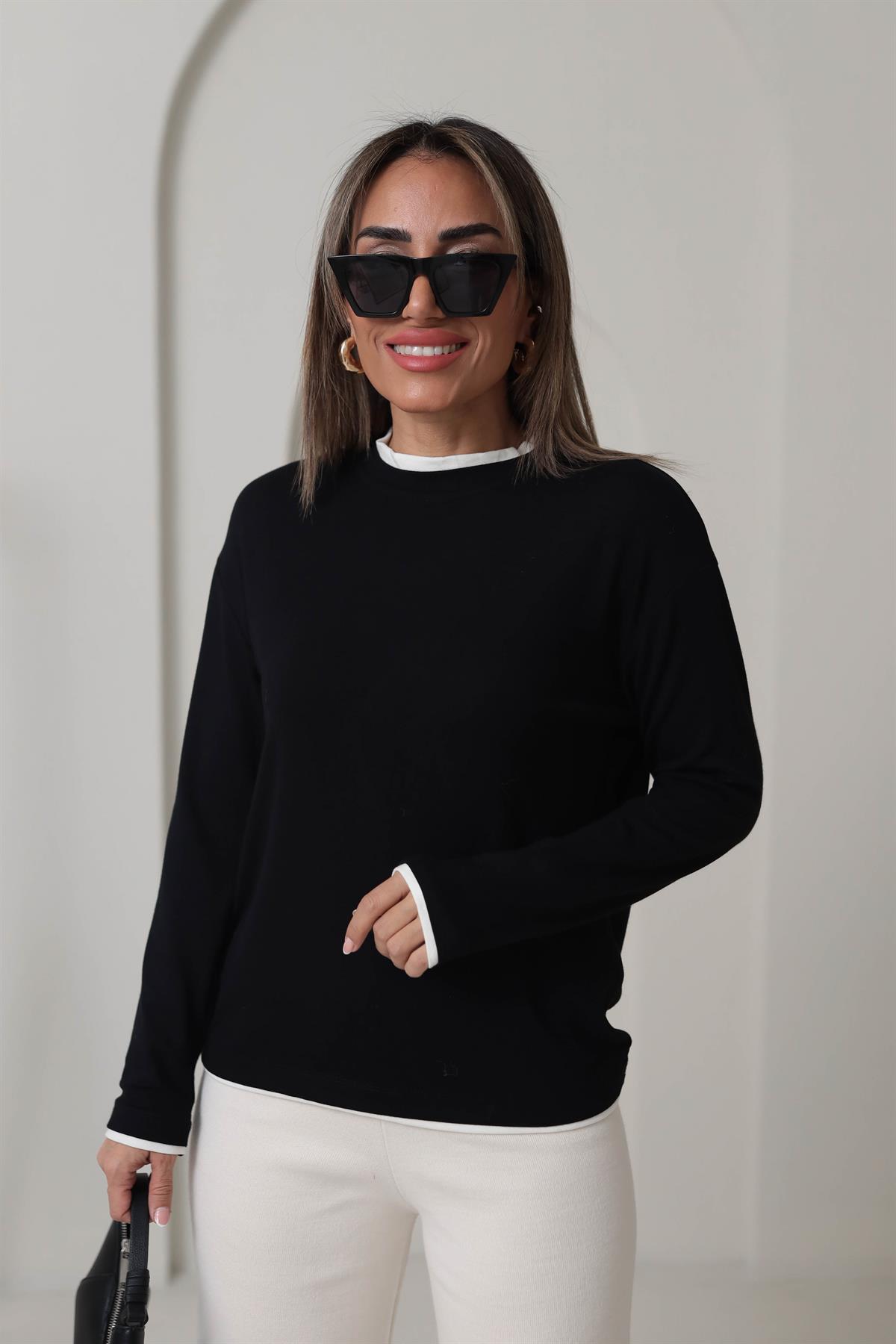 1145 Çift Yakalı Modal Bluz SİYAH