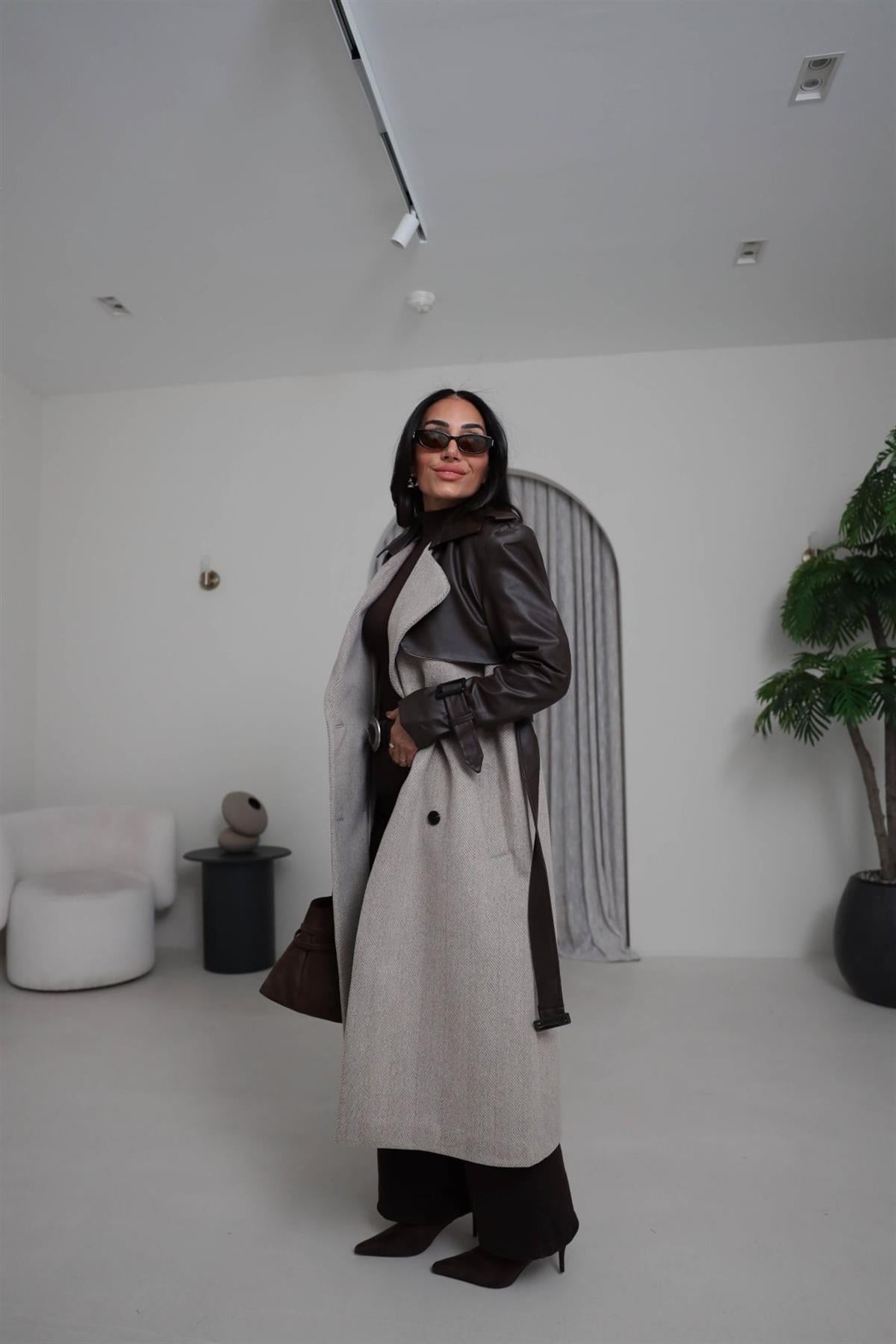 9039 Deri Garnili Kuşaklı Balıksırtı  Premium Kaban ACI KAHVE