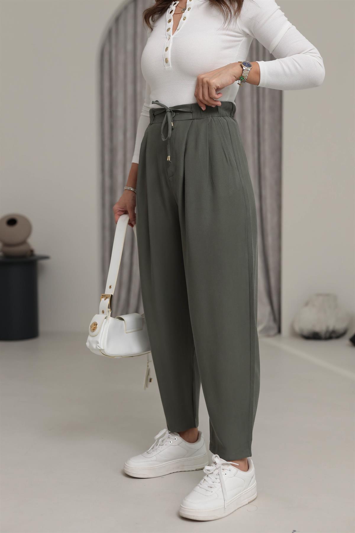 0266 Önden Bağcıklı Tencel Kumaş Havuç Pantalon KOYU YEŞİL