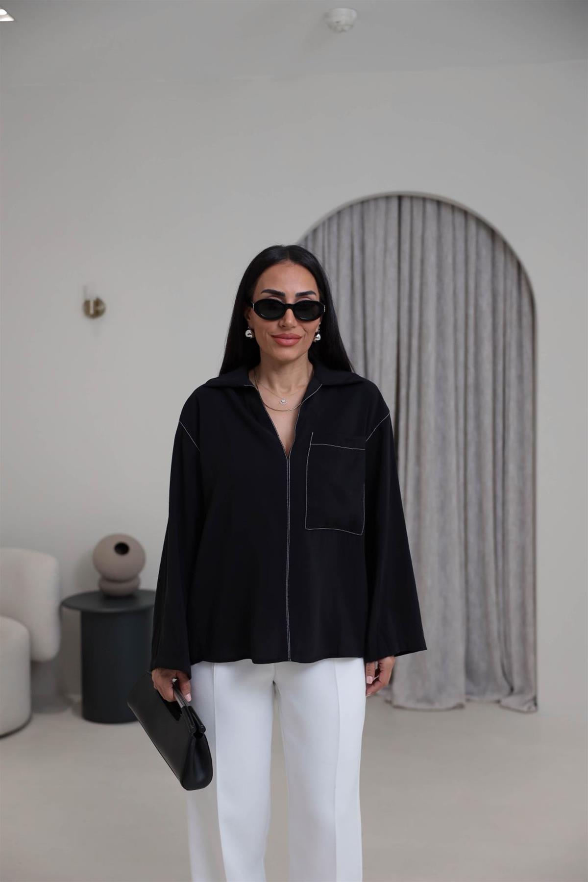 0723 Zincir Dikişli Cep Detay Tencel Gömlek SİYAH