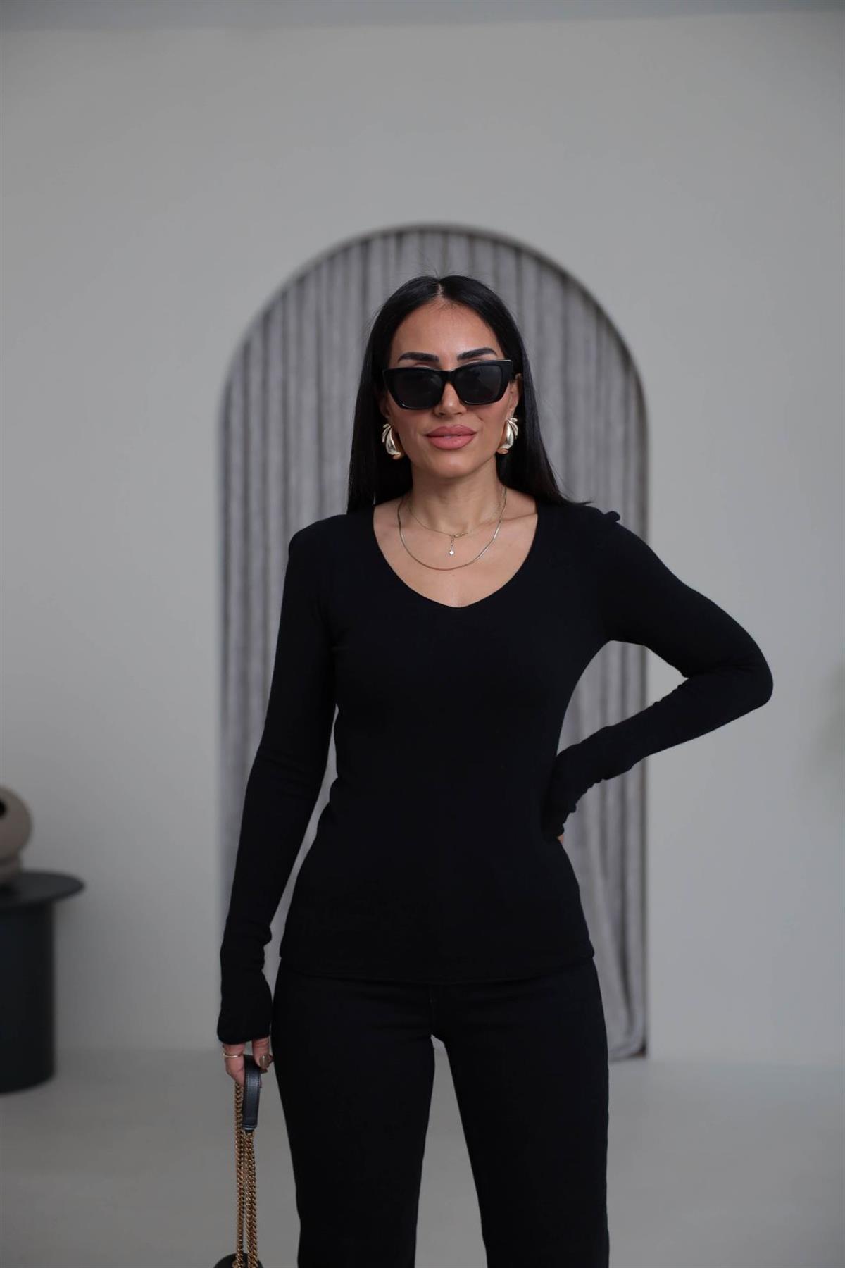 0842 V Yaka Kaşmirli Triko Bluz SİYAH