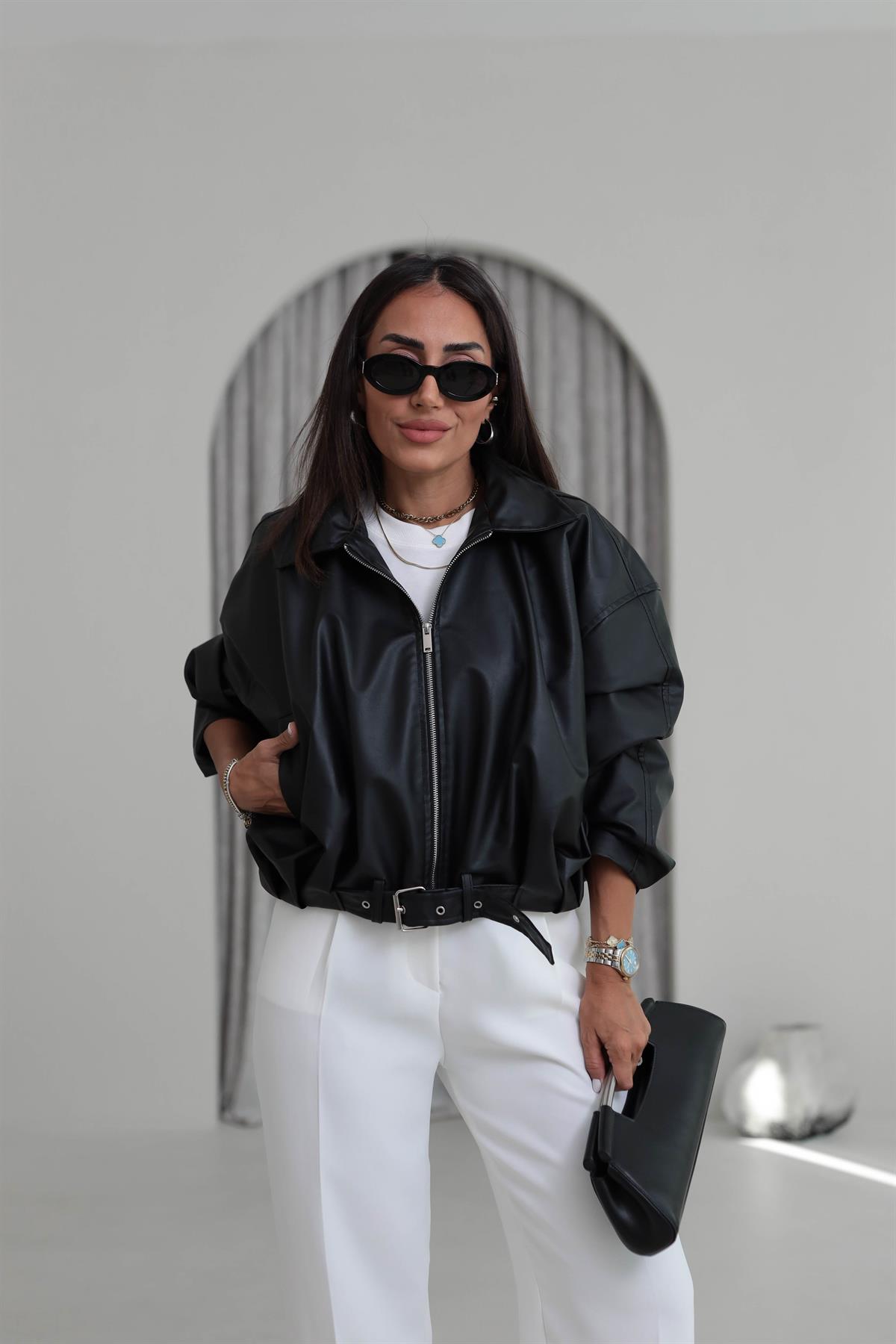 3137 Kemer Detaylı Fermuarlı Deri Ceket SİYAH