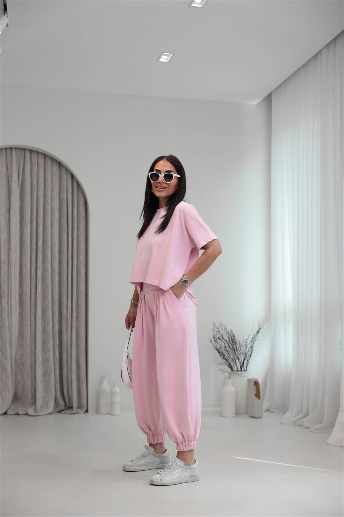 1941 Modal Kumaş Tshirt ve Şalvar Pantolon Takım PEMBE