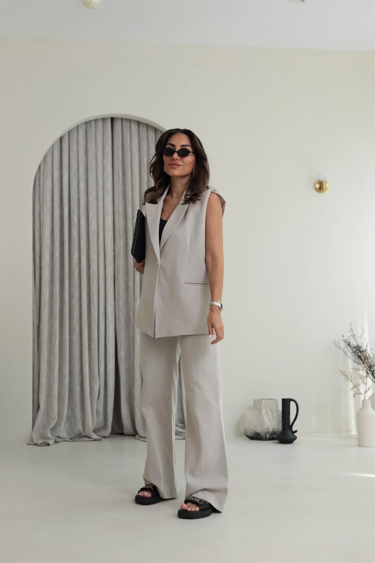 Omuz Vatkalı Yelek Keten Takım TAŞ