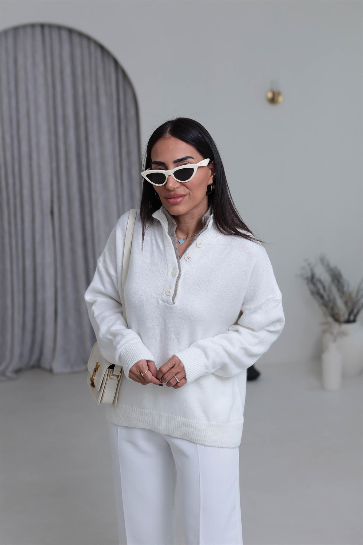 1023 Patlı Düğmeli Kazak EKRU