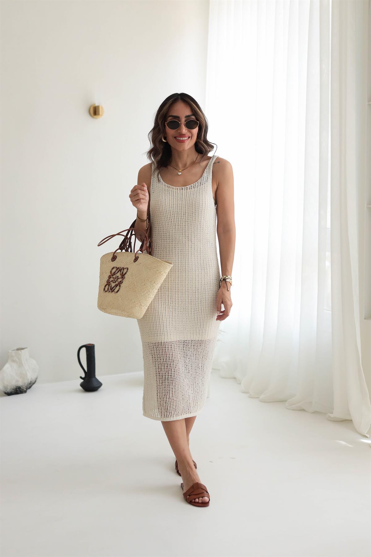 0206 Askılı Ajurlu Astarlı Triko Elbise