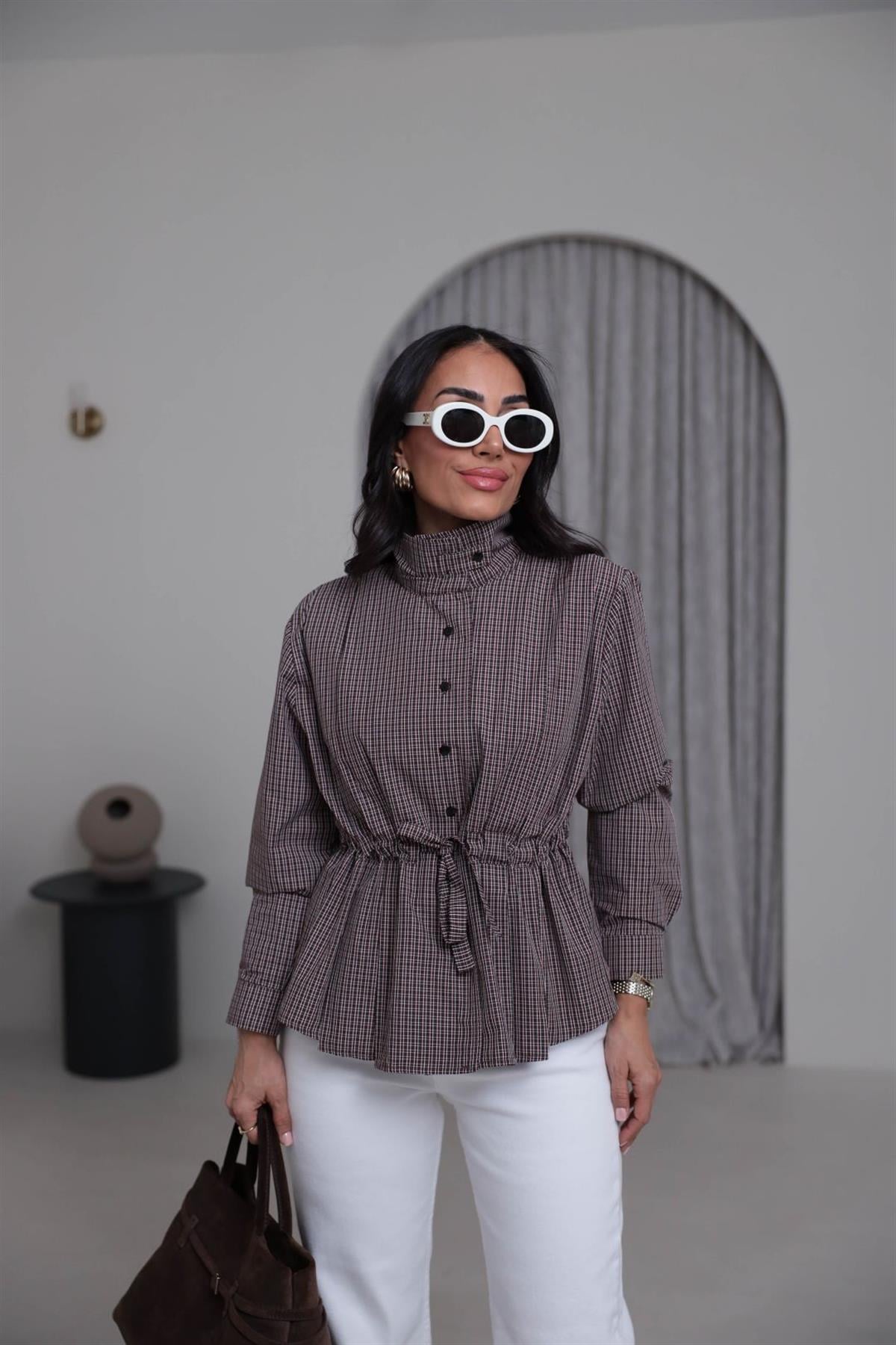 4099 Dik Yaka Belden Bağlamalı Ekose Gömlek KAHVE