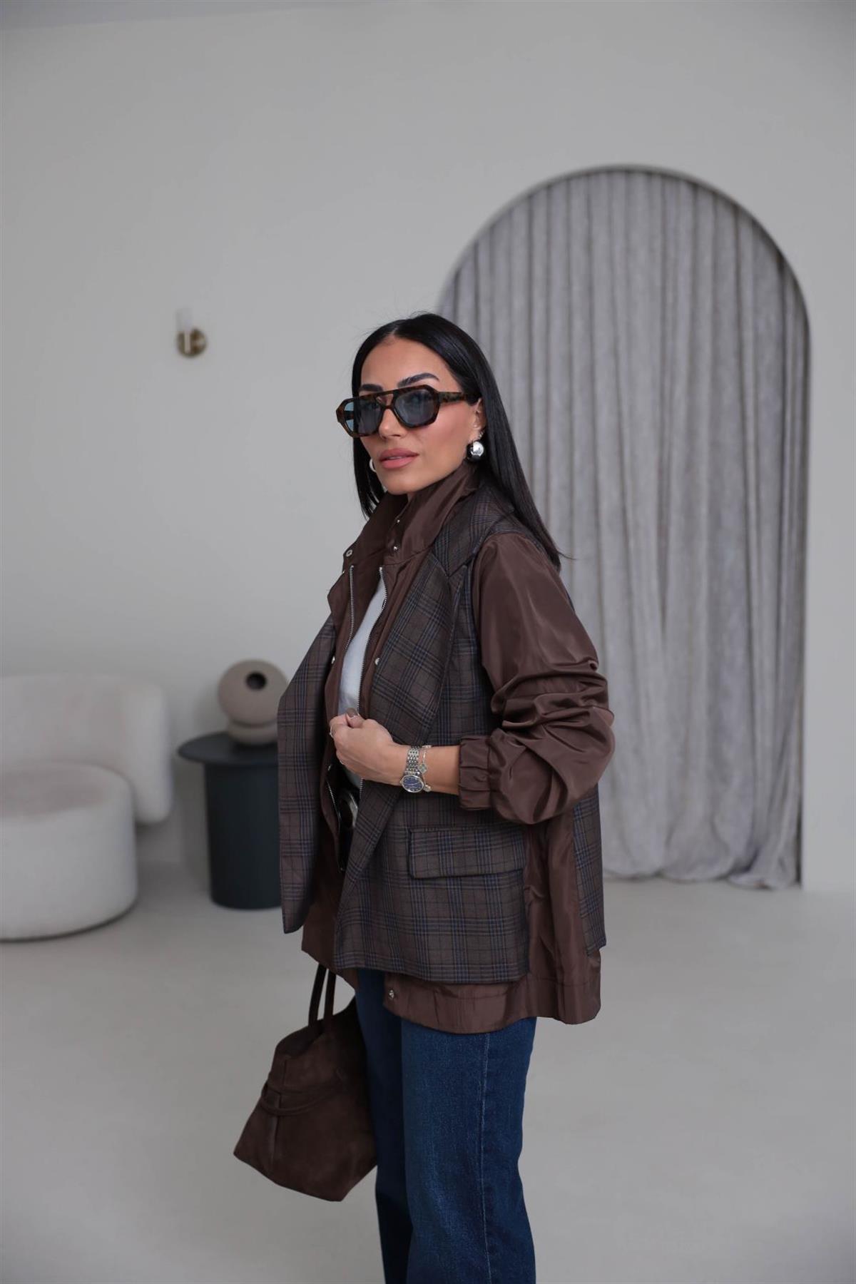 6927 Ekose Ceket Görünümlü Dik Yaka Paraşüt Yağmurluk ACI KAHVE