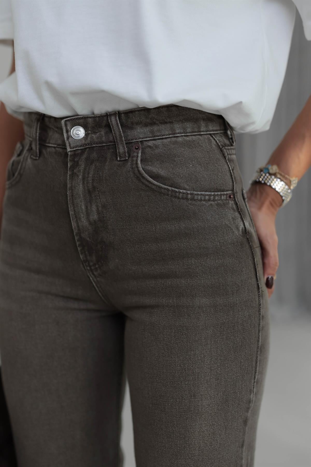 Za Taşlamalı Yüksek Bel Palazzo Jean BEJ-KAHVE