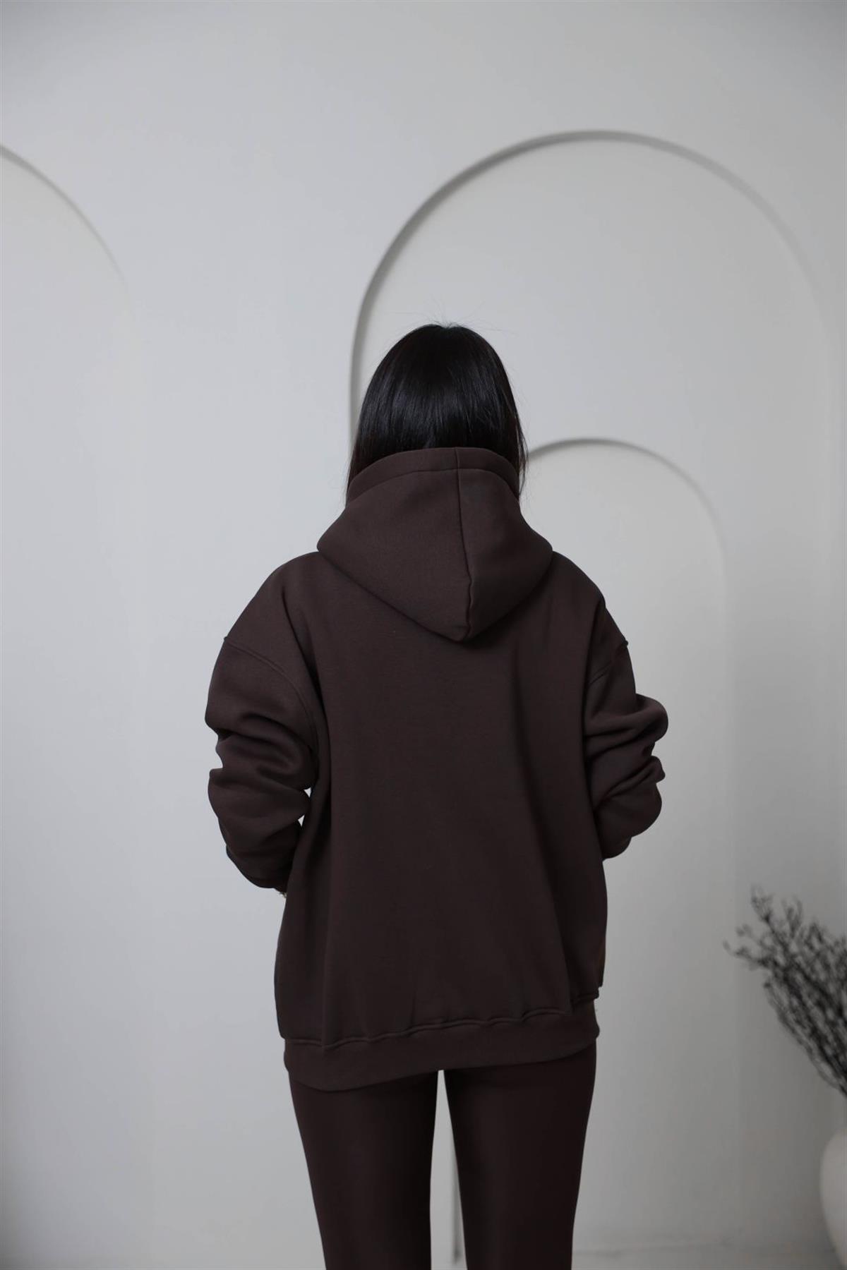 1003 3 İplik Şardonlu Kapşonlu Fermuarlı Ceket KAHVE