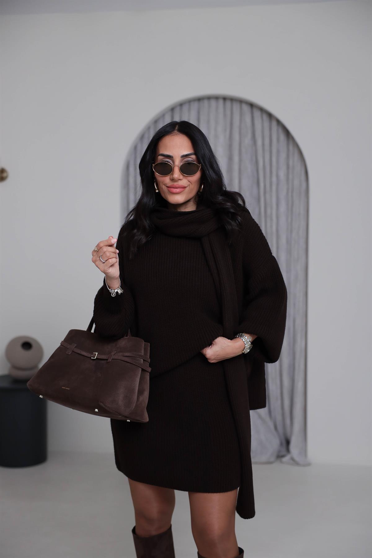 2581 Bisiklet Yaka Şal Detaylı Örgü Etek Takım ACI KAHVE