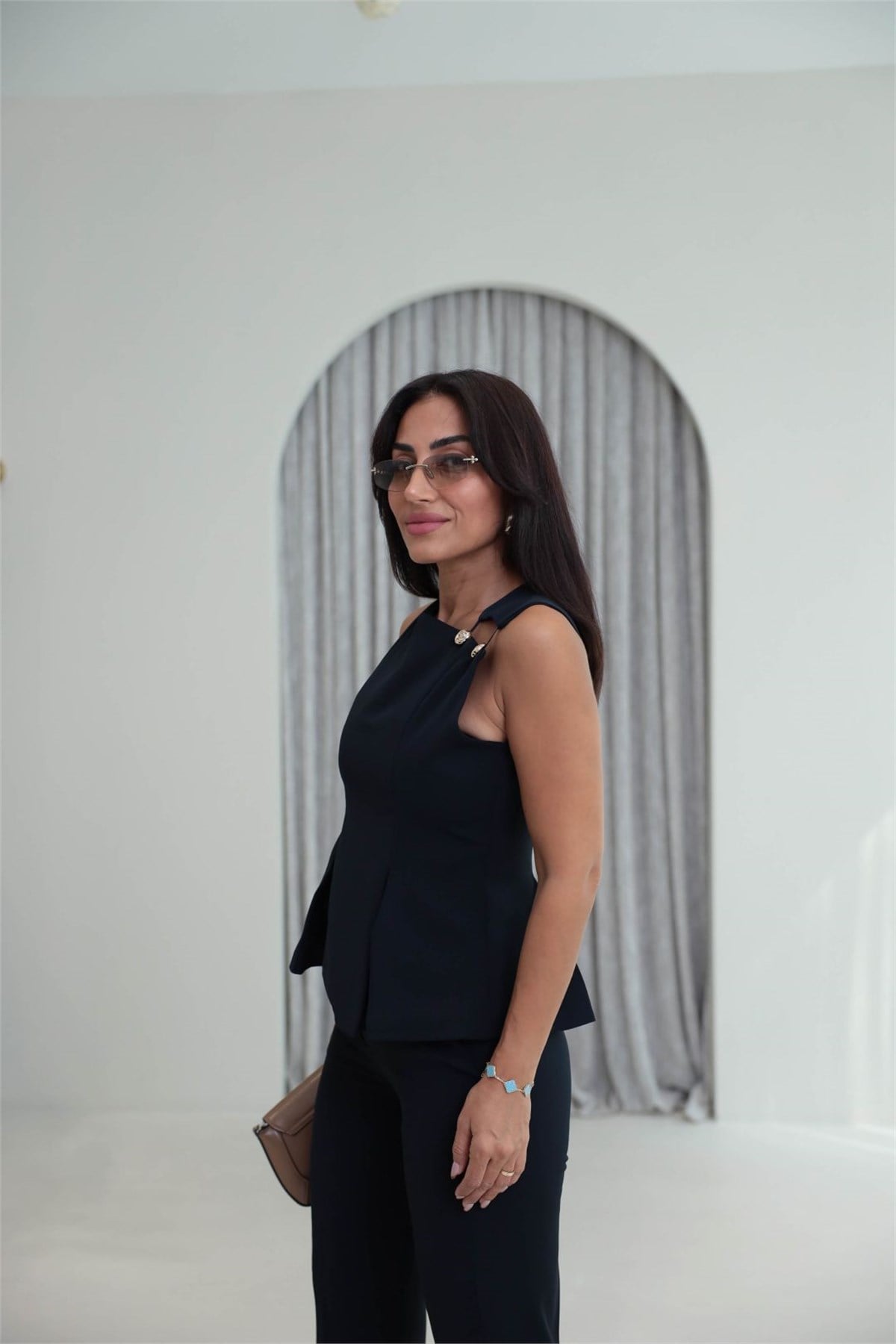 9215 Omuz Düğme Detaylı Bluz & Pantolon Takım LACİVERT