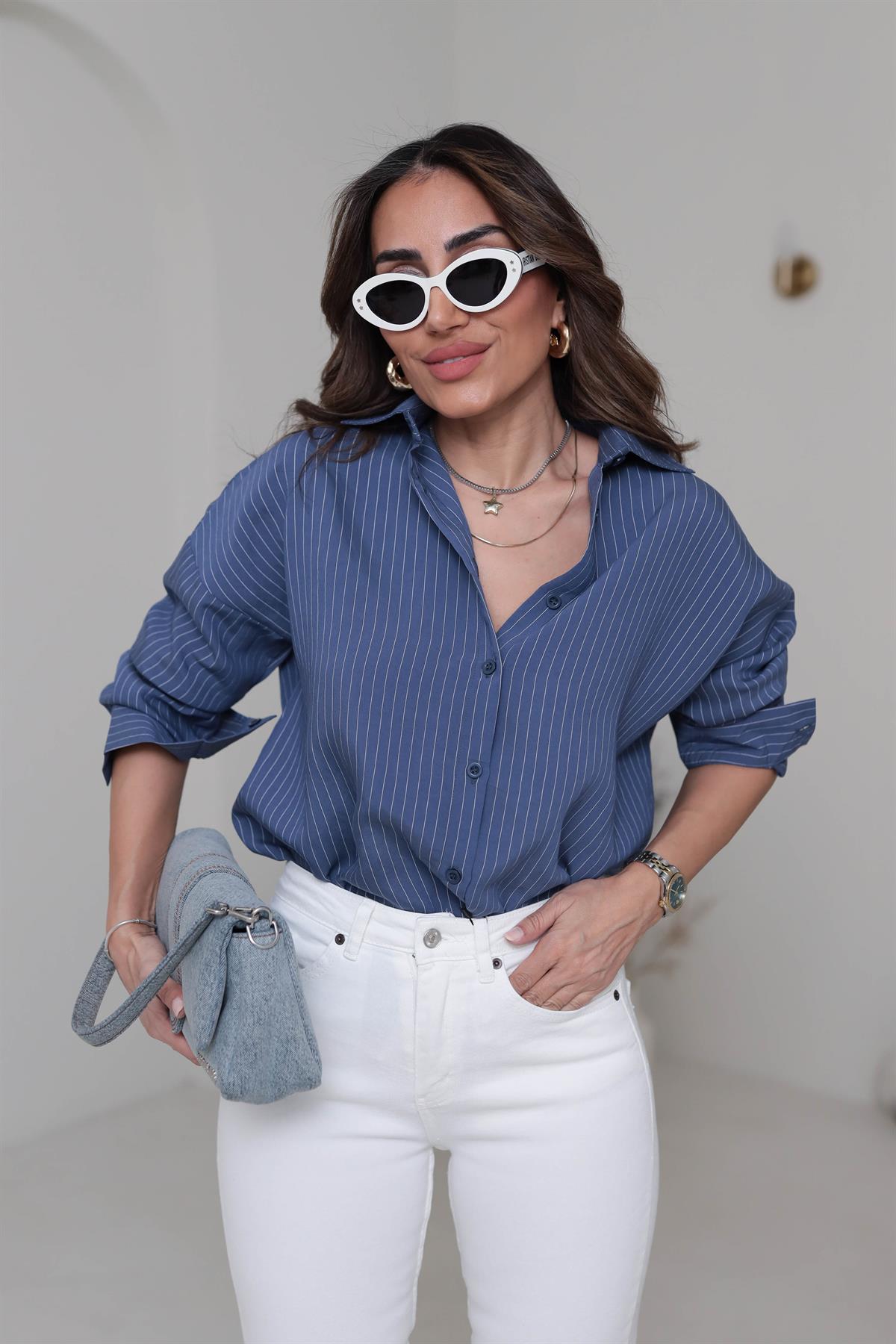 020 Çizgili Tencel Gömlek Indigo