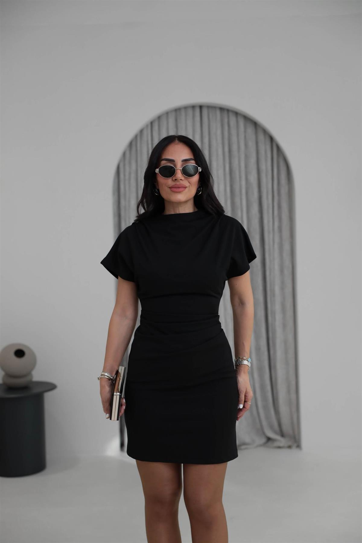 1026 Likralı Drapeli Double Krep Elbise SİYAH