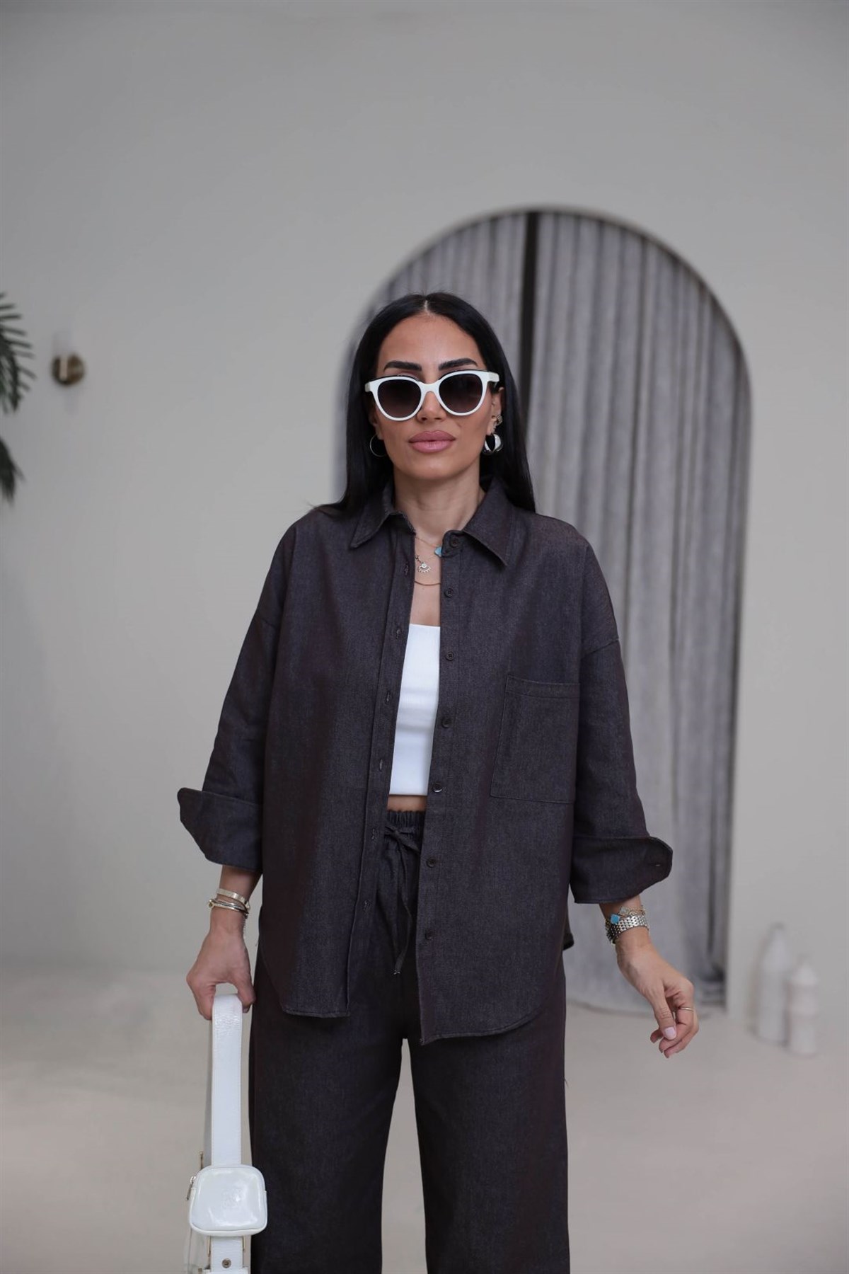 3012 Likralı Gömlekli Kot Takım KAHVE