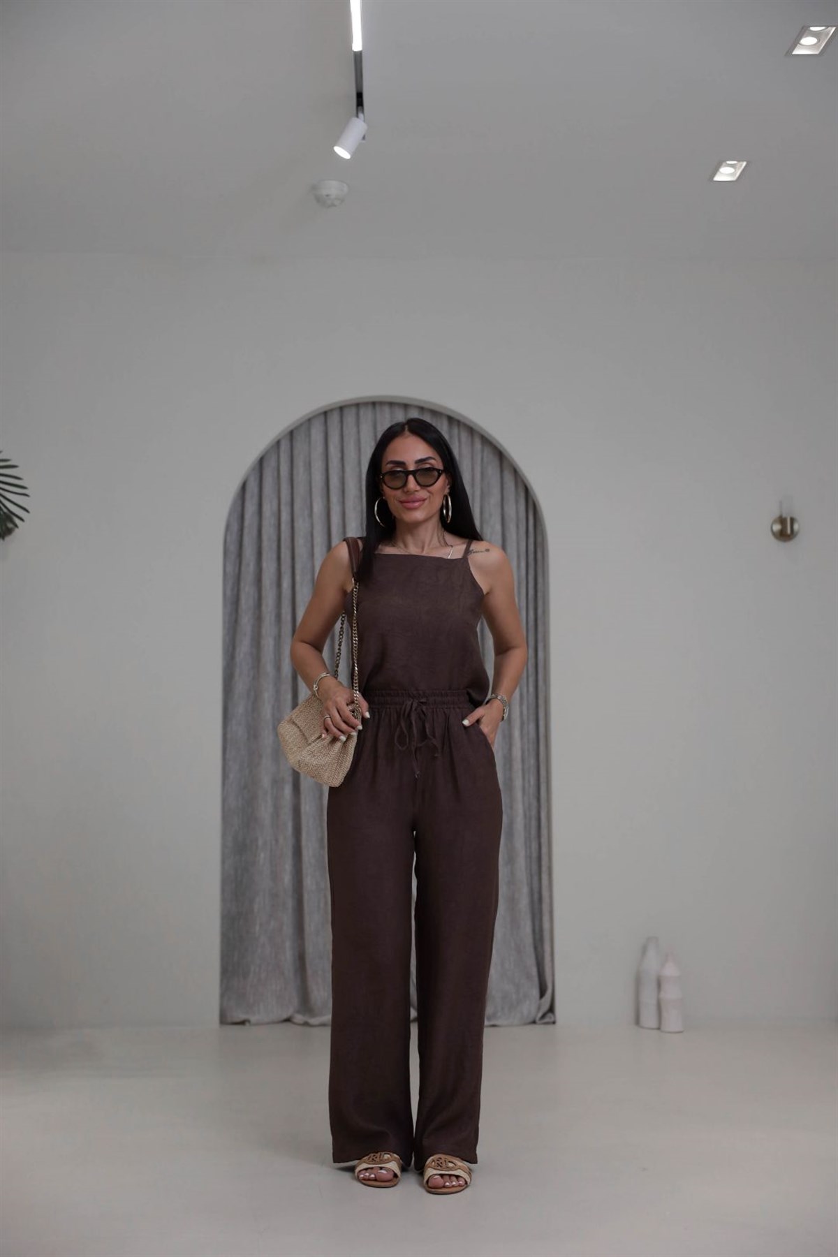 7341 İnce Askılı Kendinden Desenli Bluz Pantolon Takım KAHVE