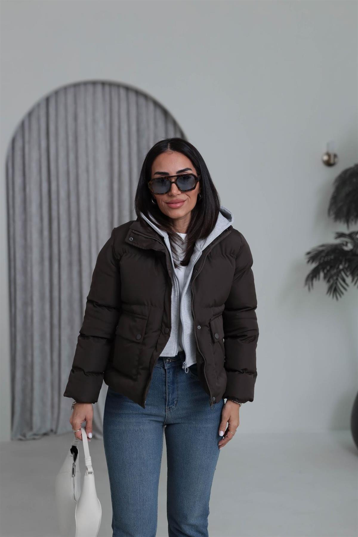 2148 Kapşonlu Şişme Mont ACI KAHVE