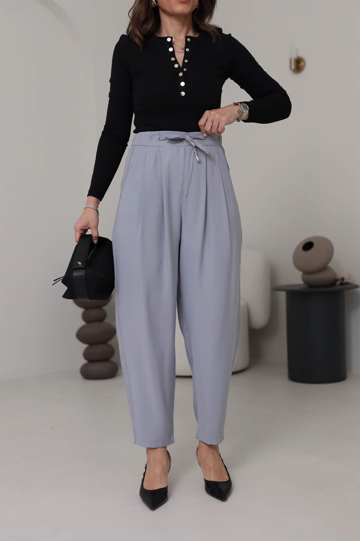 0266 Önden Bağcıklı Tencel Kumaş Havuç Pantalon AÇIK GRİ