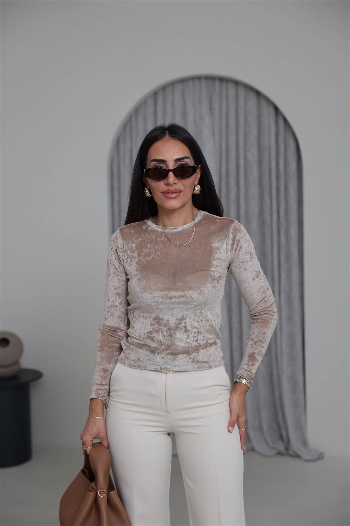 7120 Bisiklet Yaka Tül Kadife Bluz BEJ