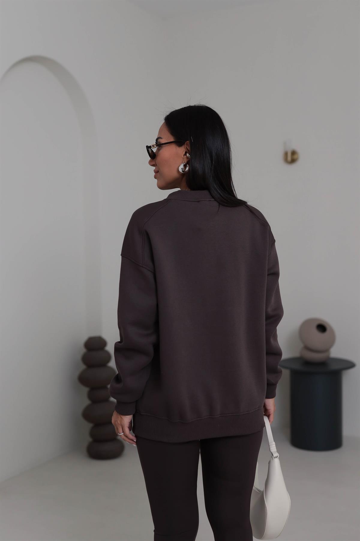 0417 Bisiklet Yaka Şardonlu Teddy Baskılı Sweatshirt ACI KAHVE