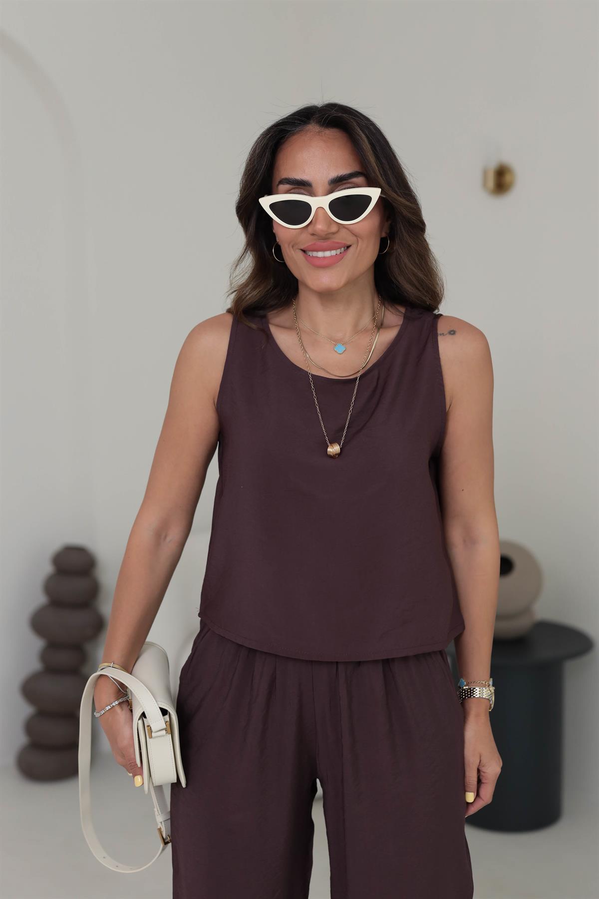 3089 Tencel Kumaş Kolsuz Takım ACI KAHVE