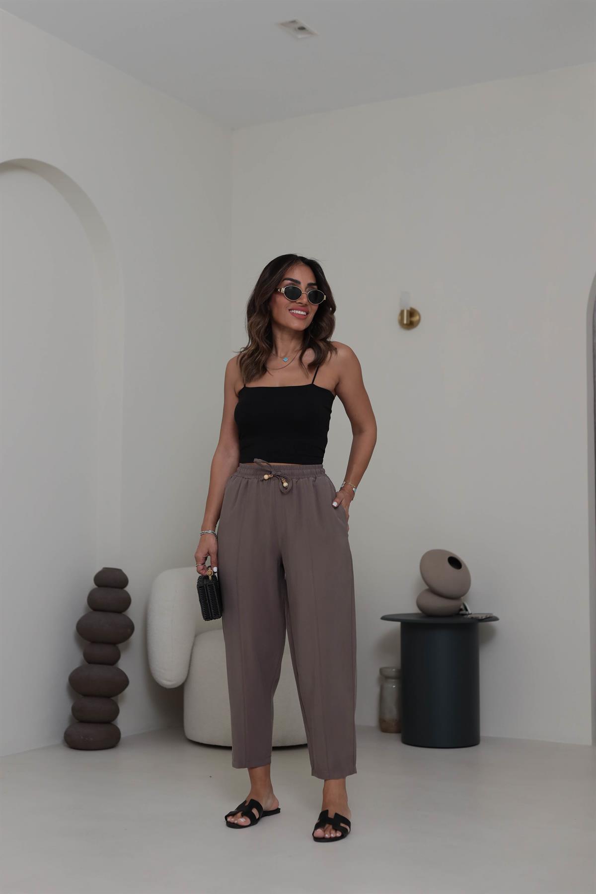 6703 Bel Lastikli Tencel Dokulu Boncuklu Pantolon KAHVE