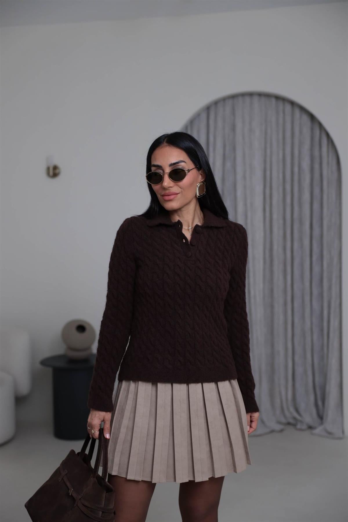 4984 Polo Yaka Örgülü Yarım Düğmeli Kazak ACI KAHVE