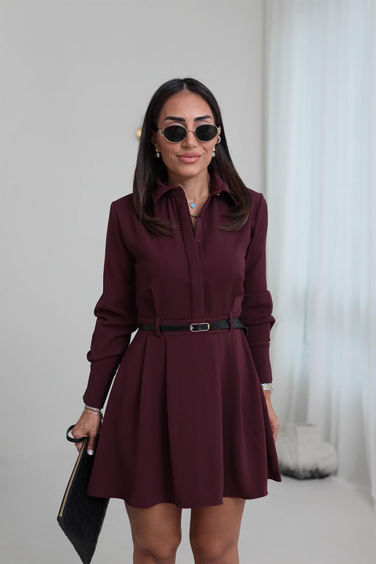 8171 Pensli Kemerli Gömlek Elbise BORDO
