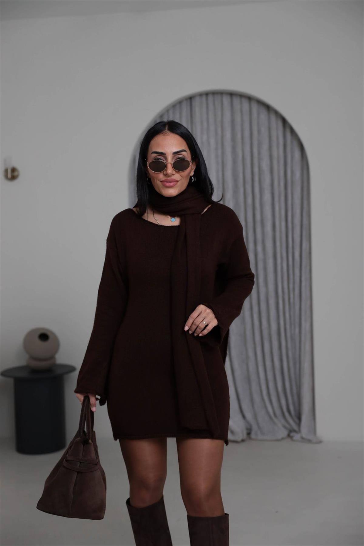 5251 Kayık Yaka Şallı Tunik KAHVE