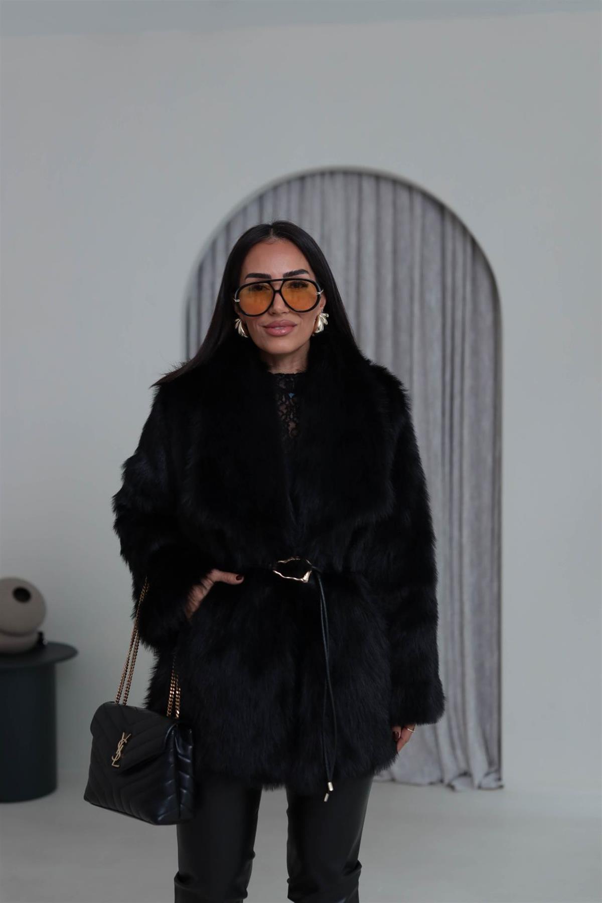 Yakalı Kemerli Suni Kürk Kaban SİYAH