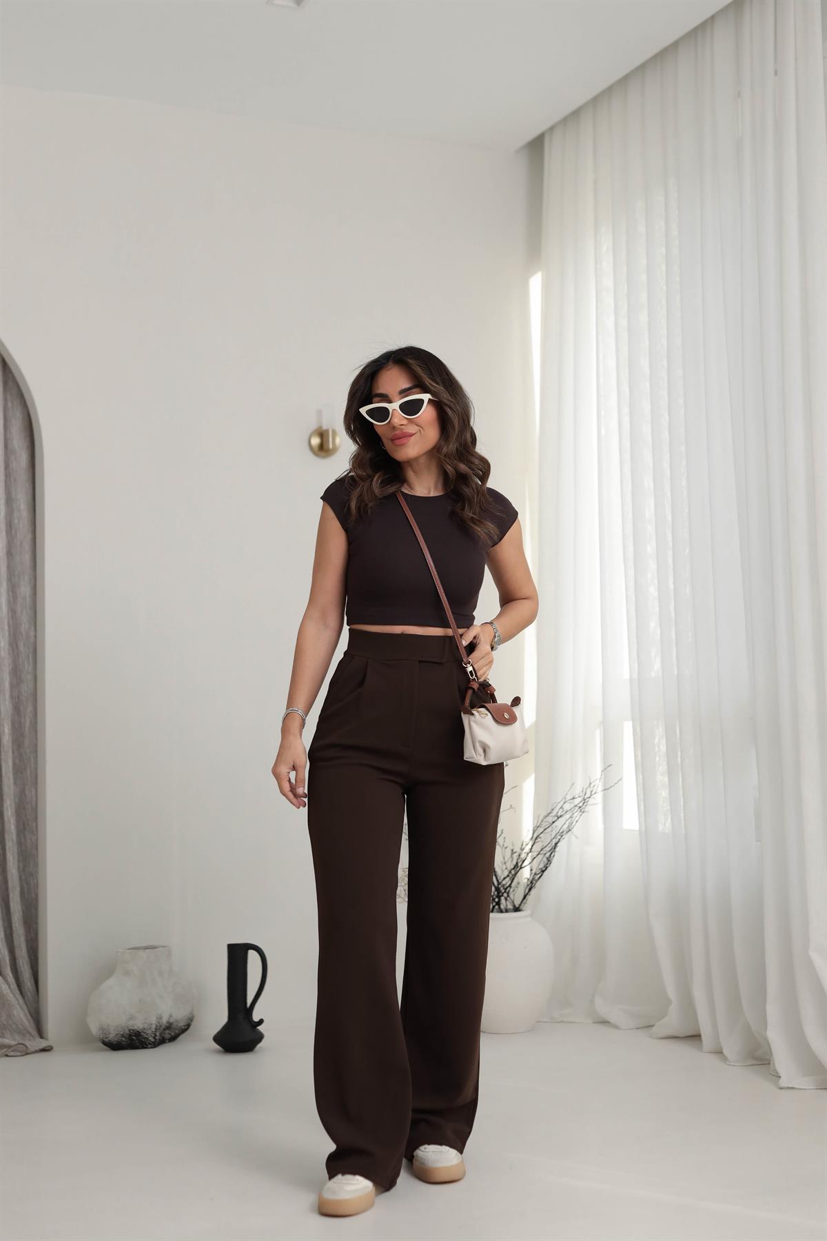 3826 Likralı Cırtlı Palazzo Pantolon KAHVE