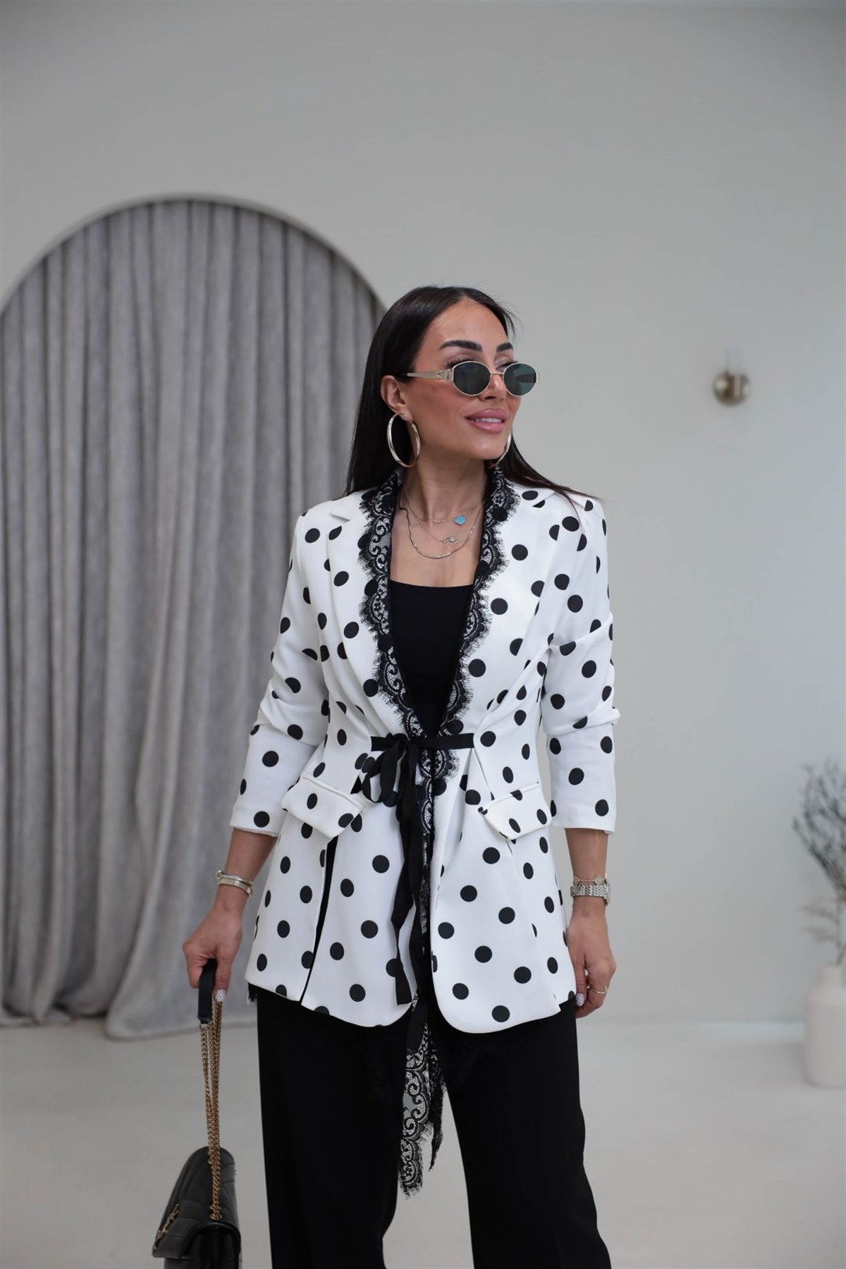 73852 Dantel Detaylı Puantiyeli Blazer Ceket SİYAHBEYAZ