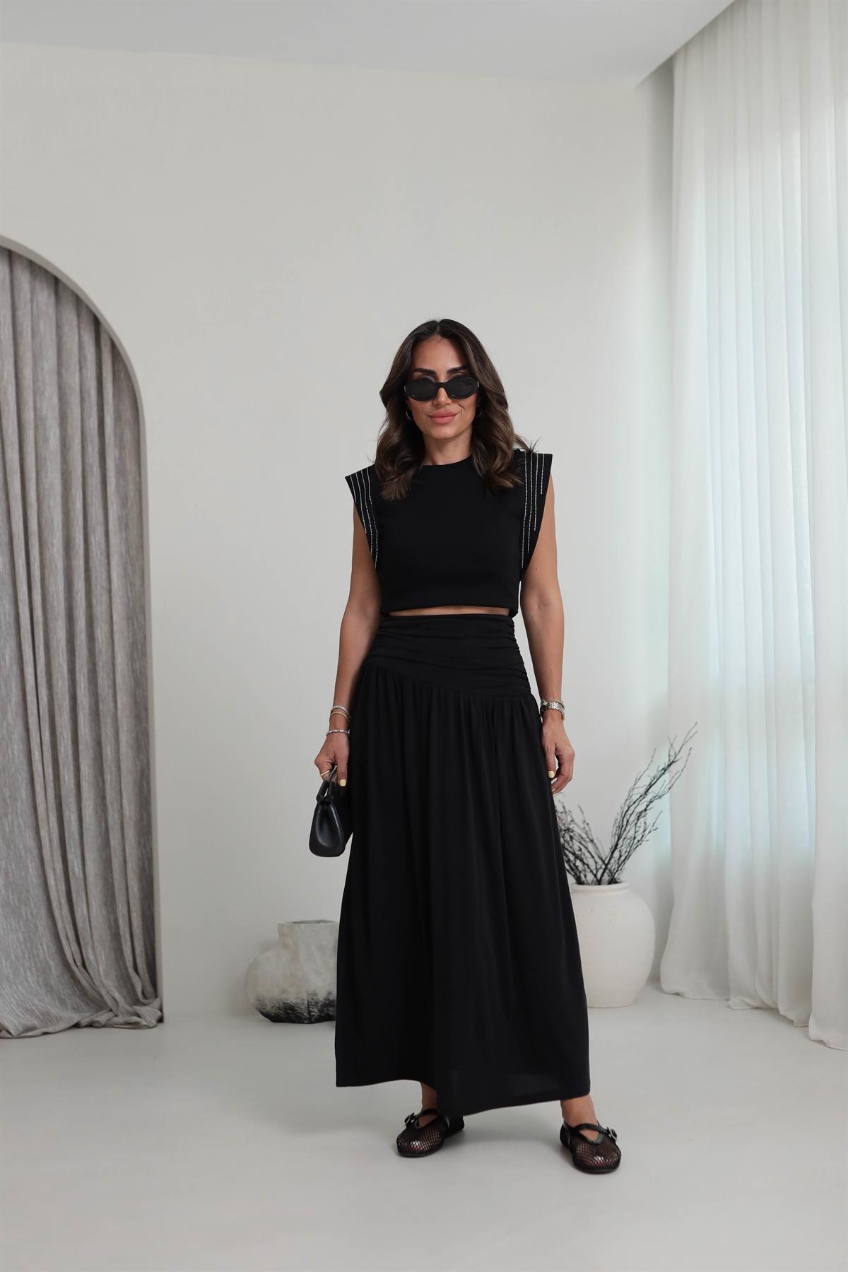 7234 Örme Korsajlı Modal Etek SİYAH