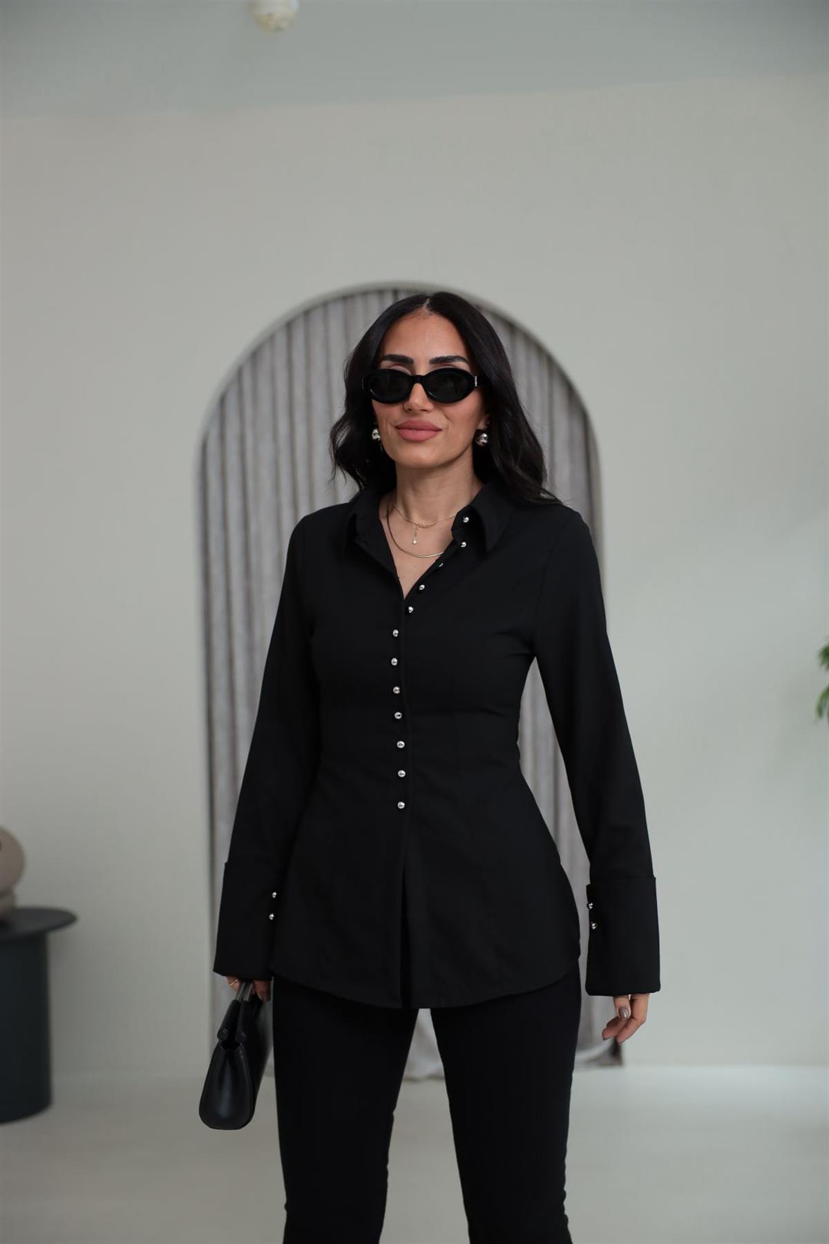 1289 Kol Manşetli Tasarım Gömlek SİYAH