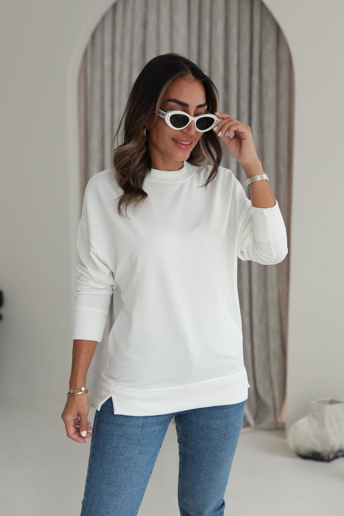 9002 Düz Basic Sweatshirt BEYAZ
