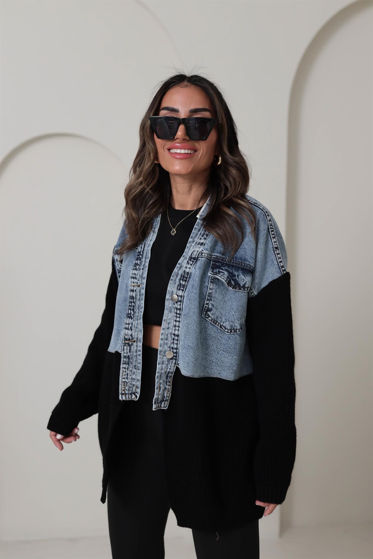 4139 Tasarım Triko ve Kot Garnili Ceket Hırka SİYAH