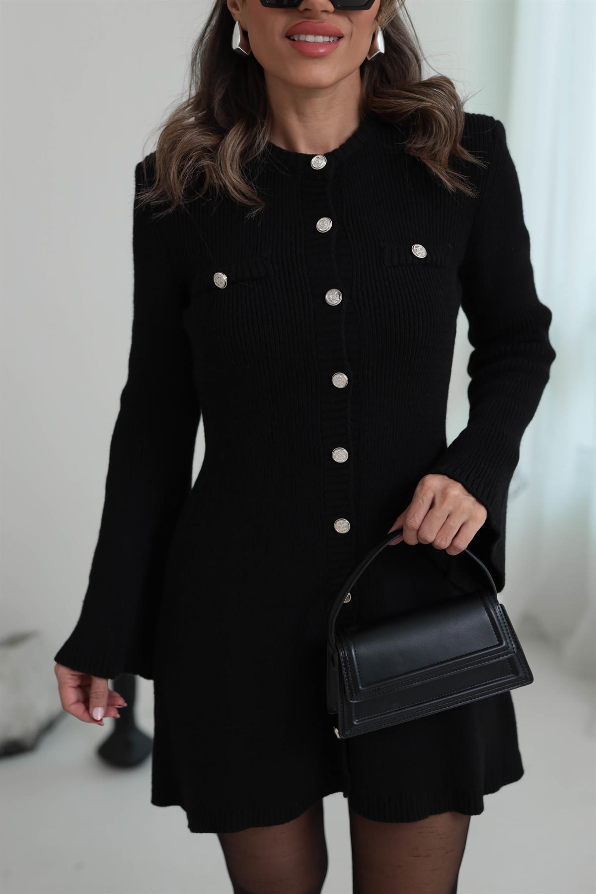0021 Gold Düğme Detaylı Triko Elbise SİYAH