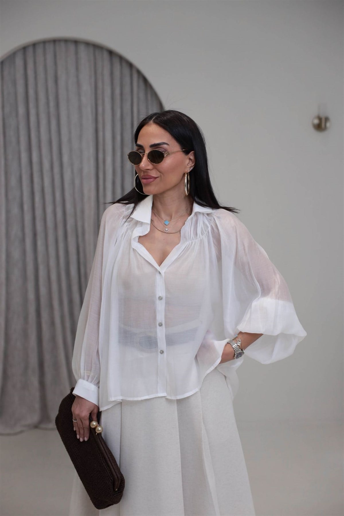 5018 Büzgü Detaylı Tencel Gömlek BEYAZ