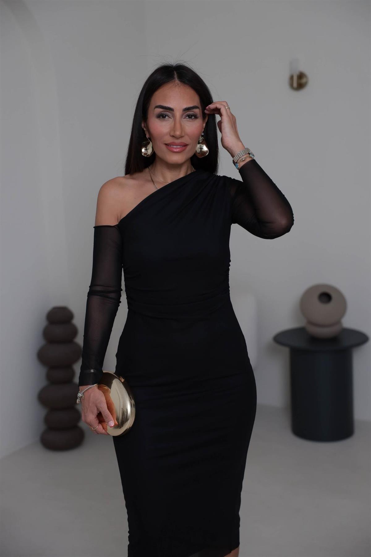 K1942 Tek Omuz Detay Drapeli Tül Elbise SİYAH