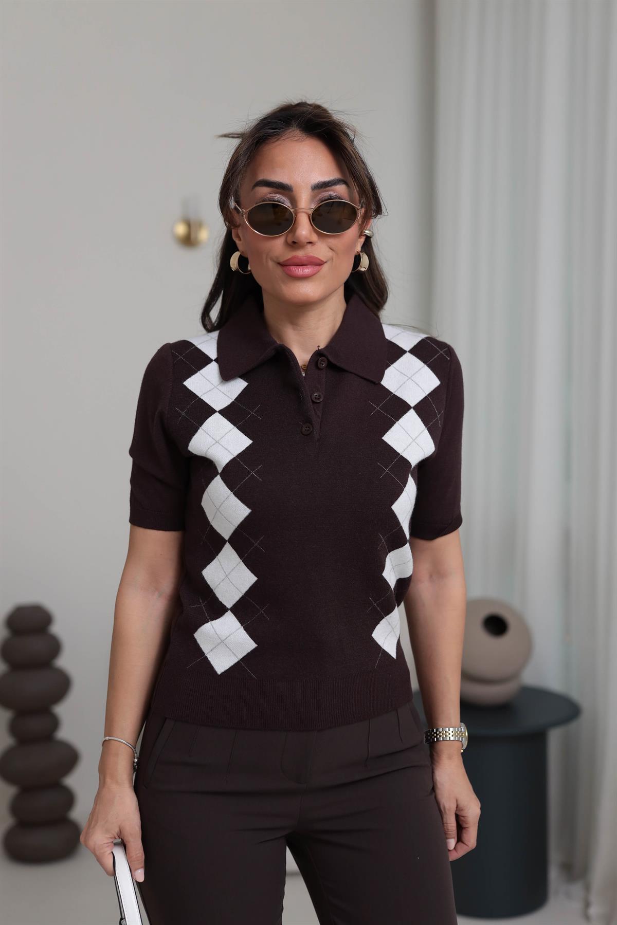 Baklava Desen Polo Yaka Kısa Kol Triko KAHVE