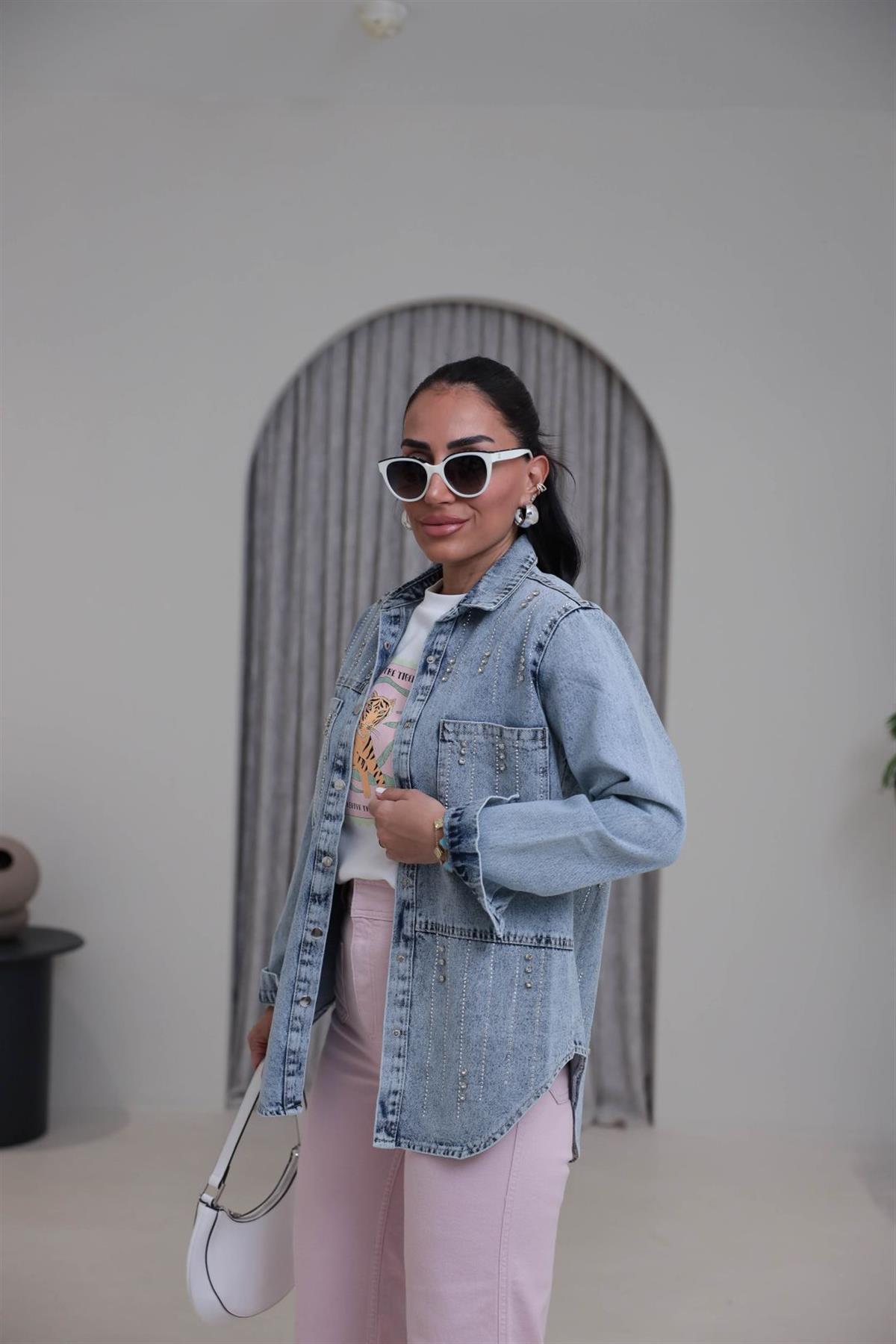 3171 Ön Arka Taş İşlemeli Rahat Denim Ceket BUZ MAVİ