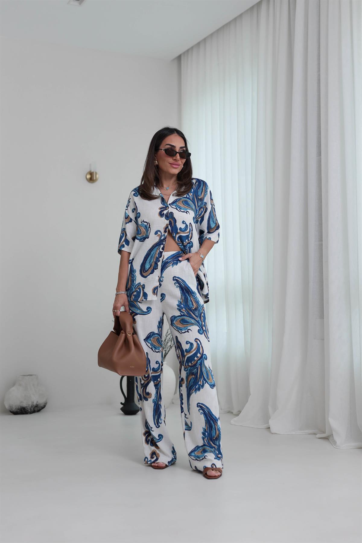 8351 Floral Desen Keten Gömlek & Pantolon Takım MAVİ