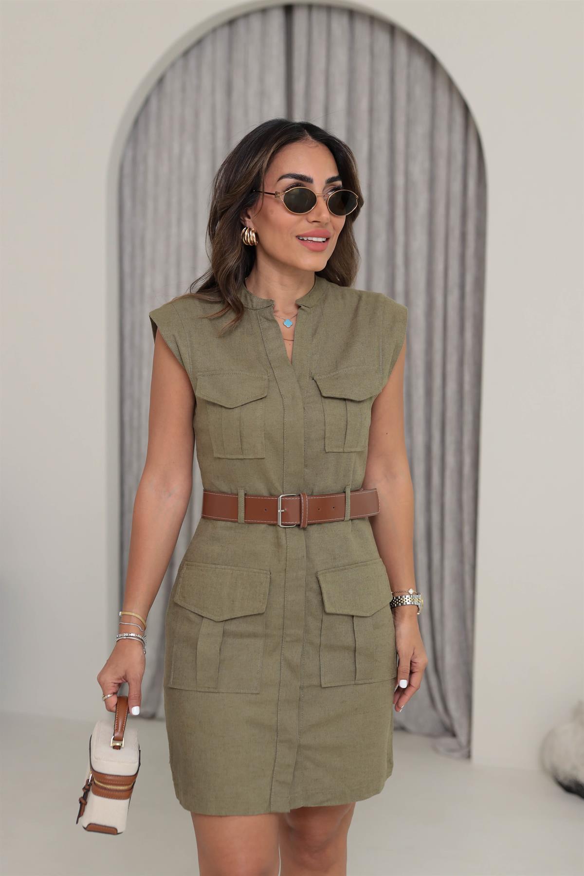 DXB 8100 Dört Cepli Kemerli Keten Elbise HAKİ YEŞİL