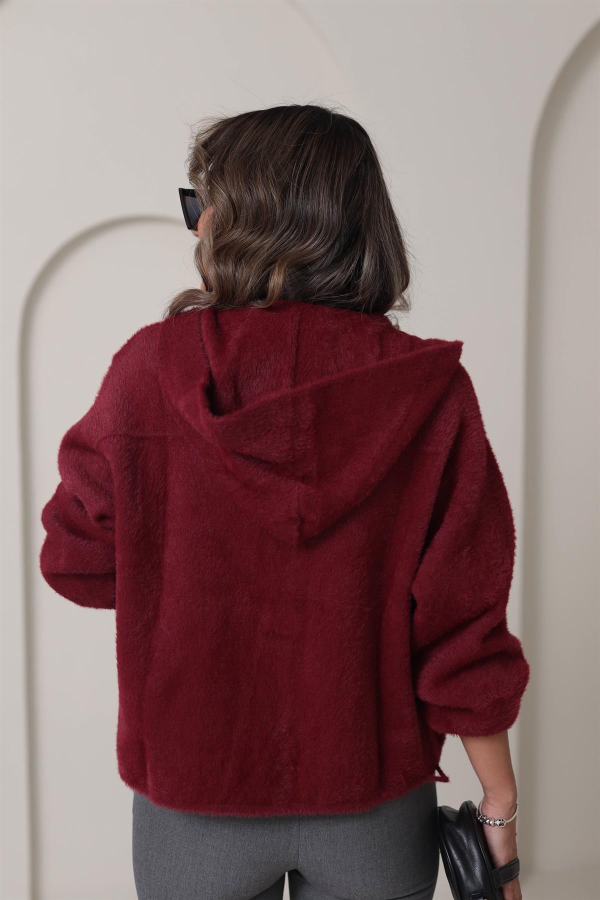 4944 Angora Kapşonlu Gold Düğmeli Hırka BORDO