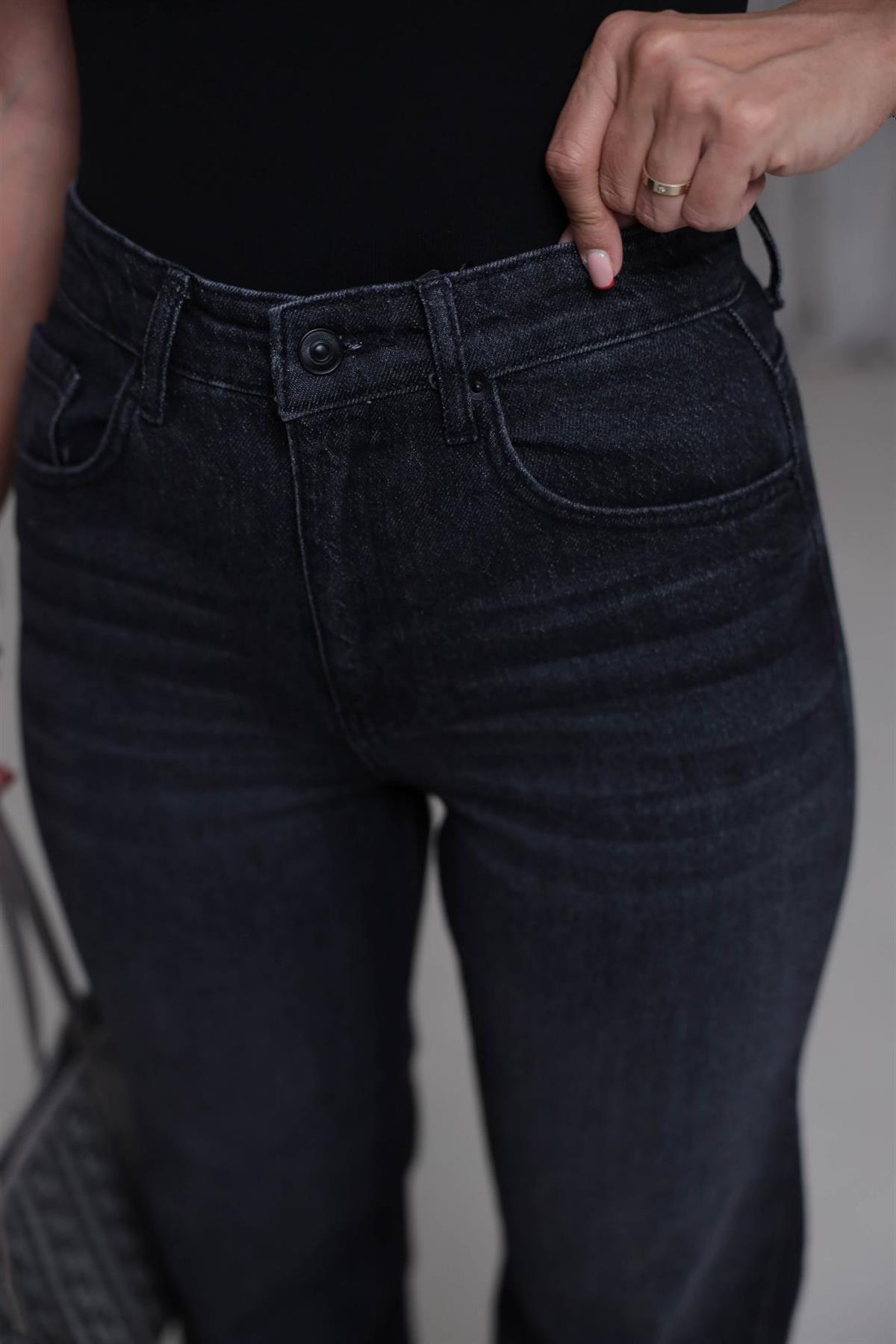 Yüksek Bel Wide Leg Jean YIKAMALI SİYAH