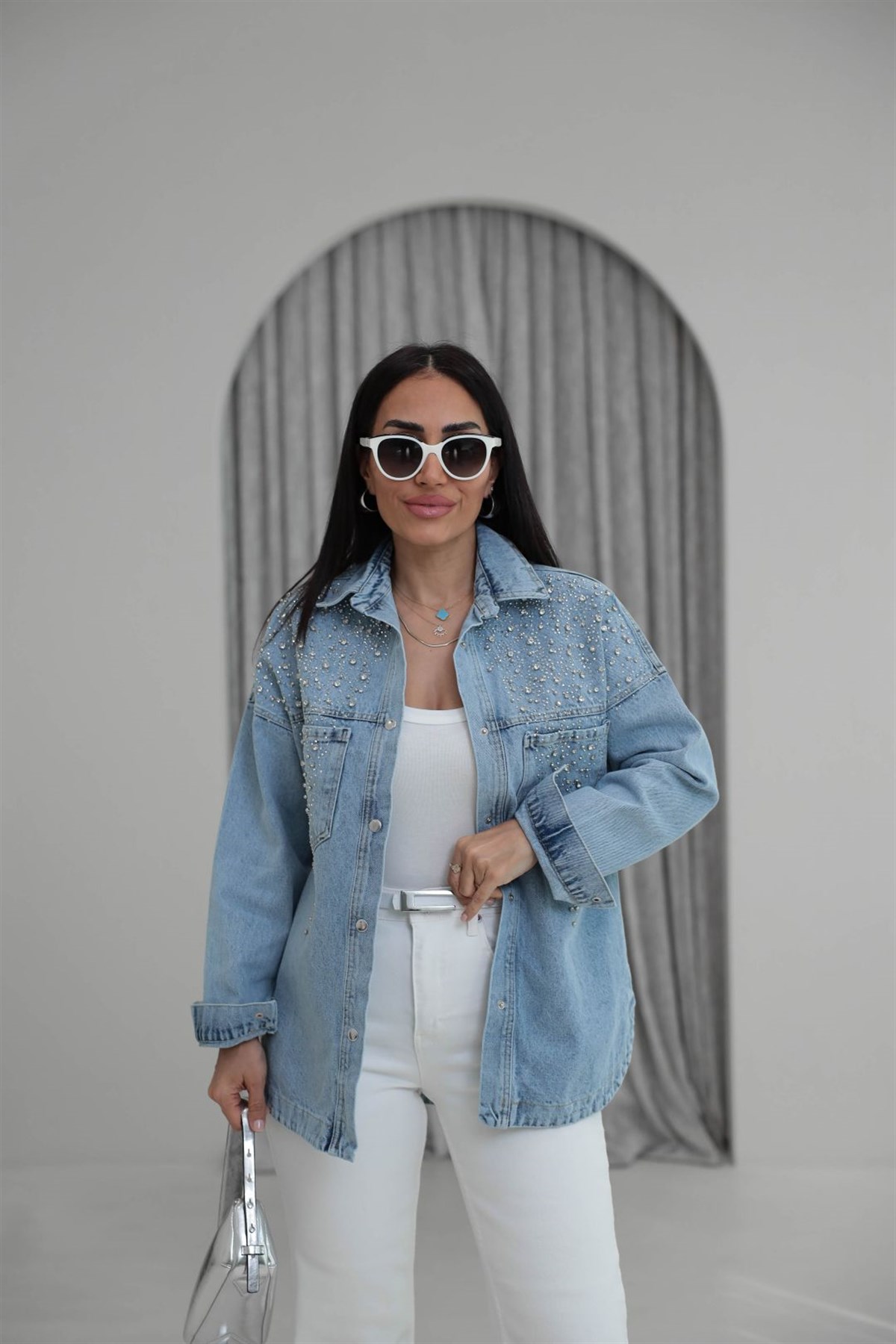 9419 Çıtçıtlı Full Taşlı Kot Gömlek Ceket AÇIK MAVİ