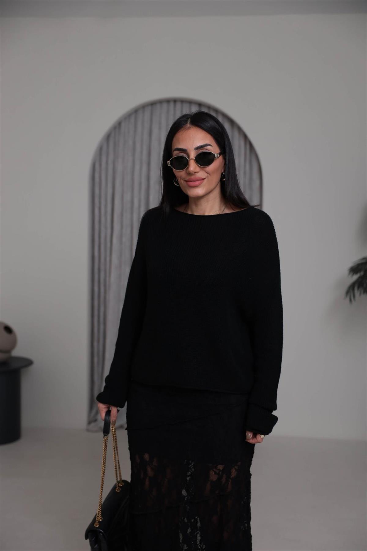 0804 Kayık Yaka Basic Triko Kazak SİYAH