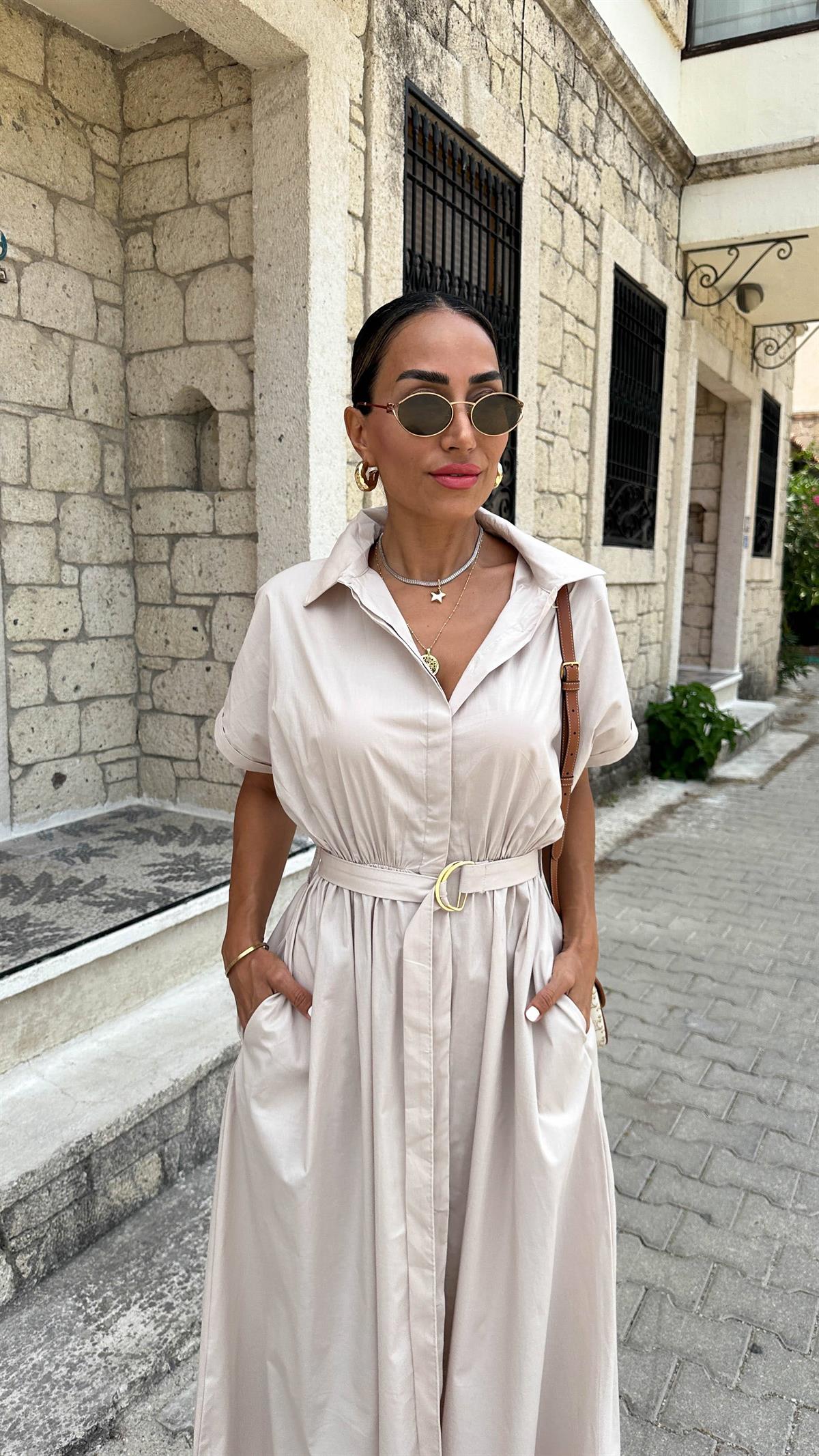 9679 Kemerli Kısa Kol Gömlek Elbise