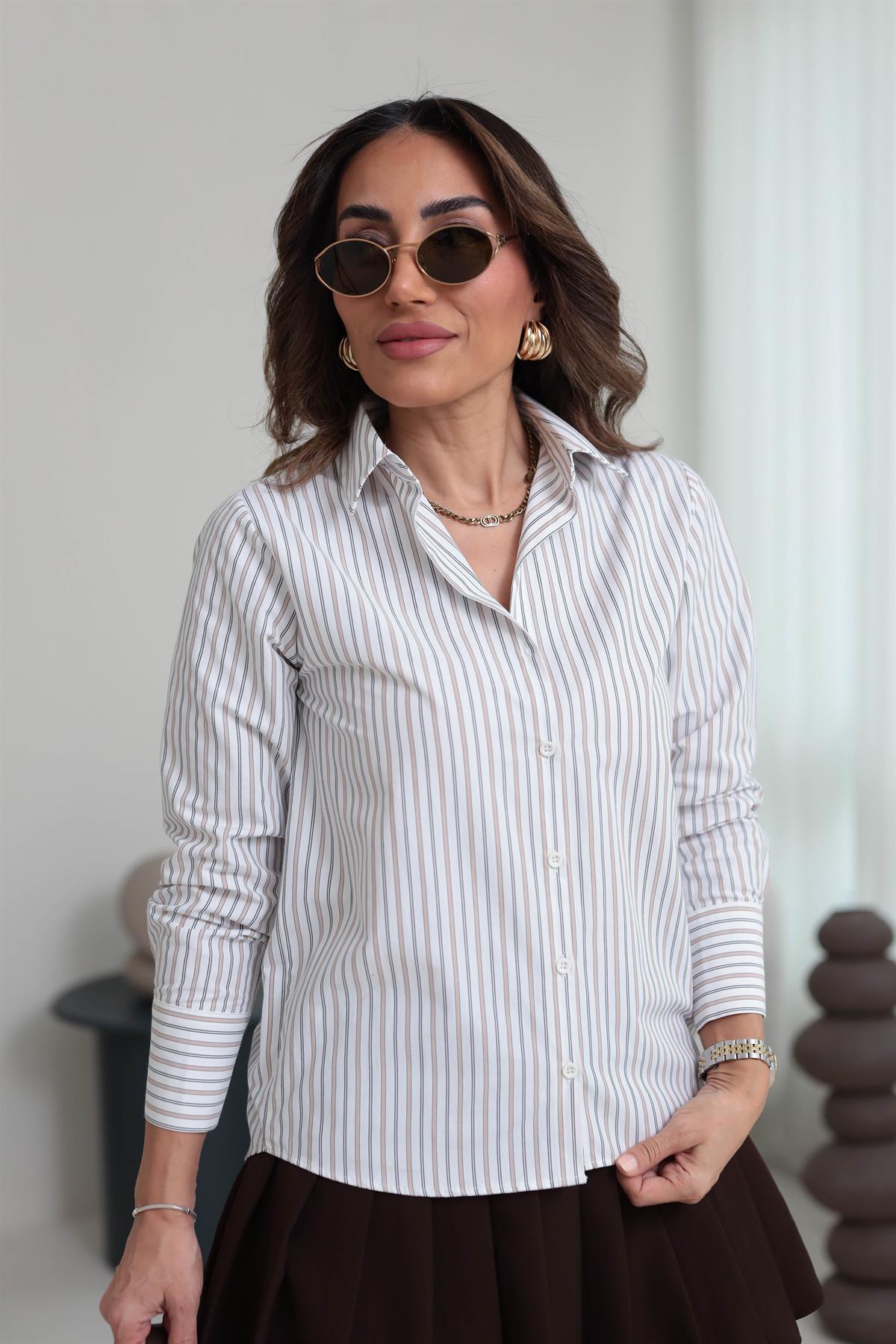6589 Çizgili Gömlek VİZON